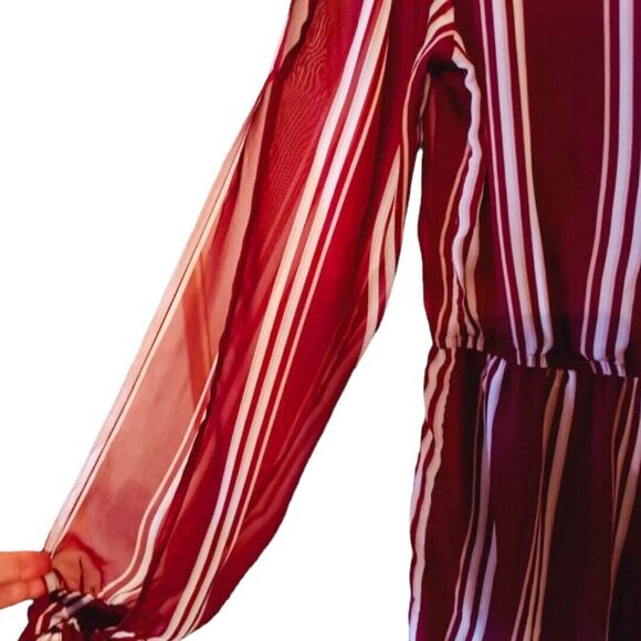 RUE 21 Burgundy White Striped Split Sheer Sleeves Romper Lined Shorts Size Med - Picture 5 of 7